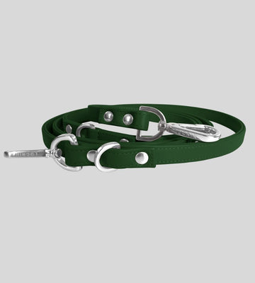 Coiled dark green leather dog leash with rivets