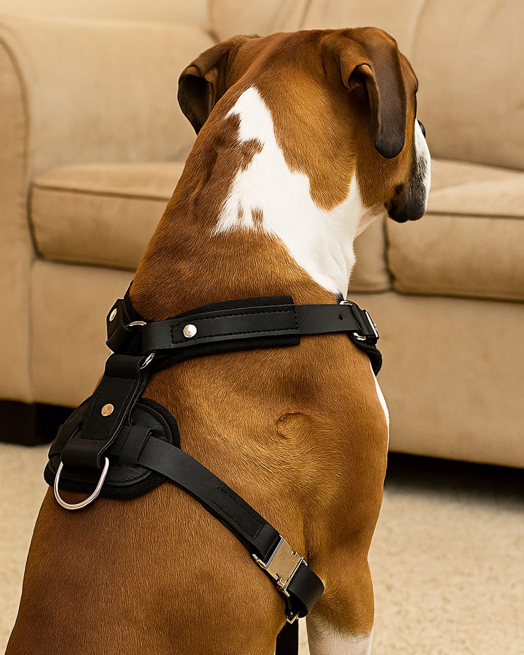 Back view of black leather dog harness with adjustable strap and D-ring