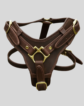 Tactical brown leather dog harness with brass centerpiece – front view