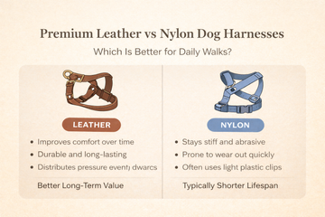 Visual comparison of premium leather vs nylon dog harnesses showing differences in comfort, durability, pressure distribution, and long-term use for daily walks.