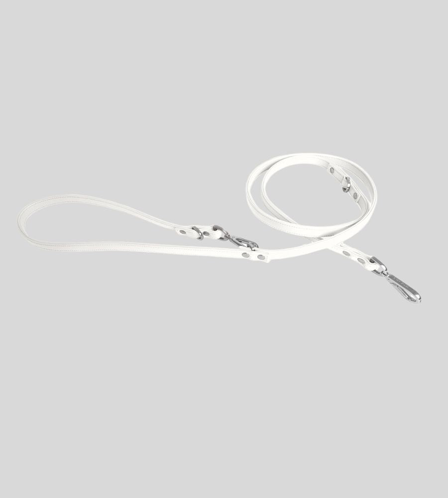 Coiled white leather dog leash with silver hardware 