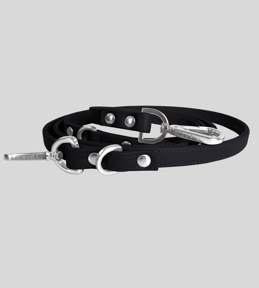 Coiled black leather dog leash with silver snap hook and O-rings
