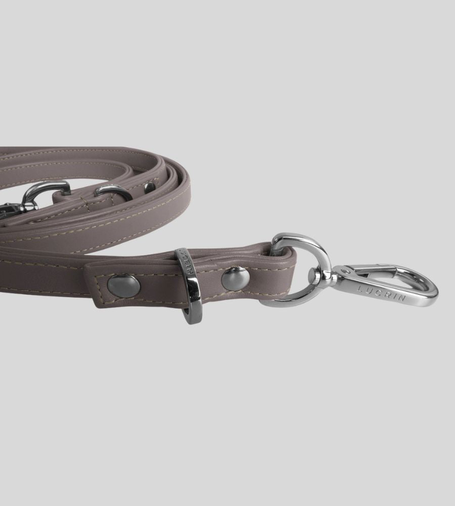 Close-up clasp detail on premium taupe leather dog leash