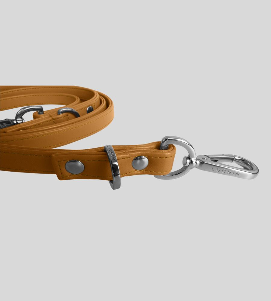 Close-up clasp detail on premium natural leather dog leash