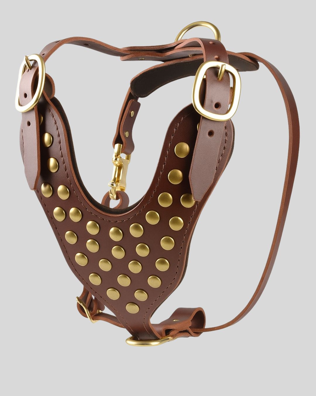Heavy-duty brown leather dog harness with brass studs and buckle straps
