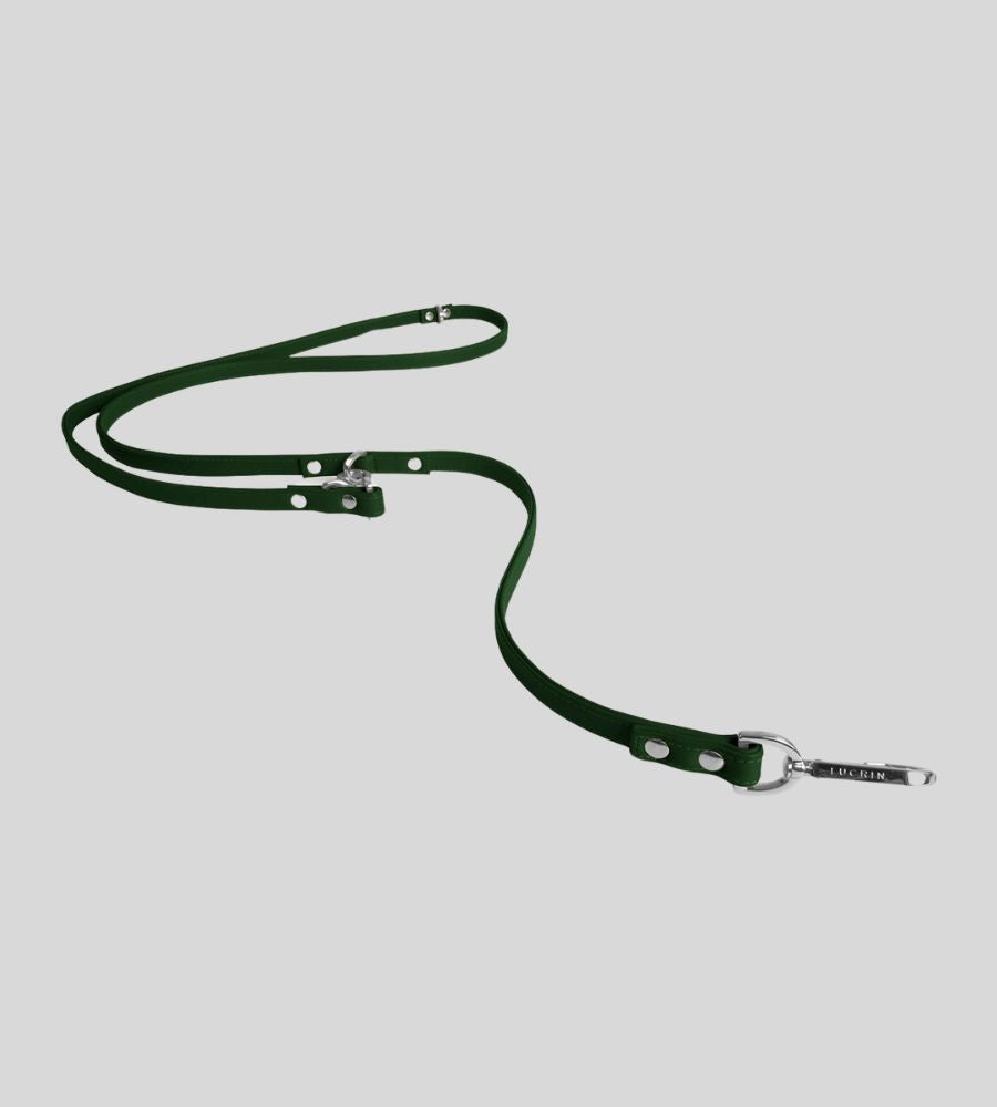 Extended dark green leather dog leash with silver clasp
