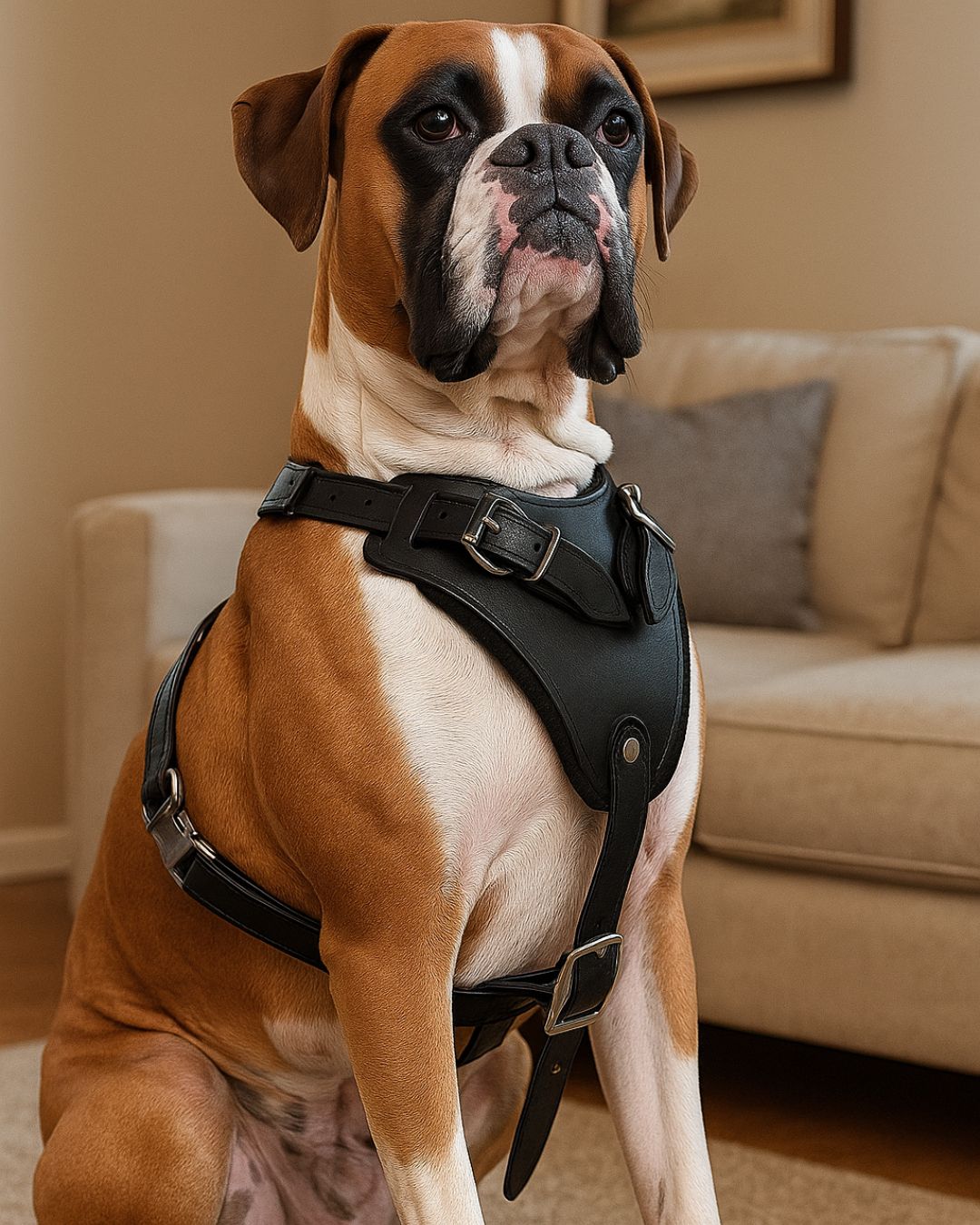 Close-up of black leather dog harness with brass buckle detailing
