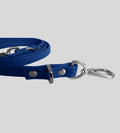 Close-up clasp detail on premium royal blue leather dog leash