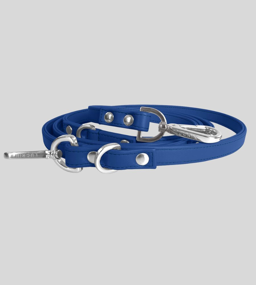 Coiled royal blue leather dog leash with rivets