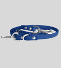 Coiled royal blue leather dog leash with rivets