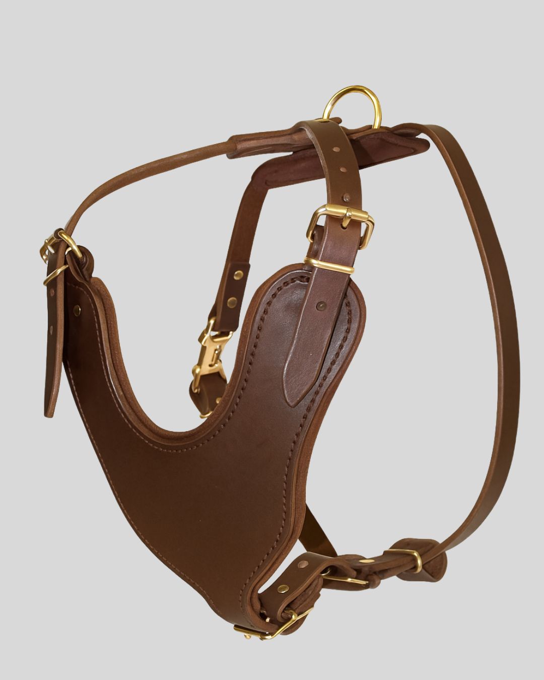 Brown full-grain leather dog harness with gold buckles – side studio view