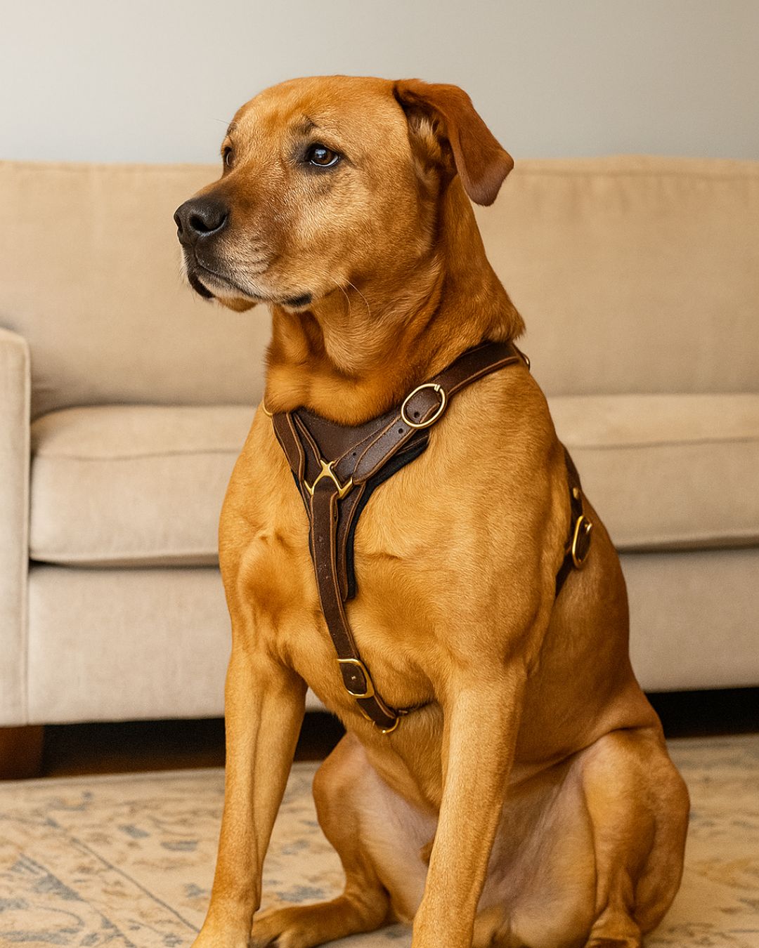 Adjustable handmade brown leather dog harness with brass fittings


