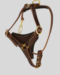 Adjustable handmade brown leather dog harness with brass fittings


