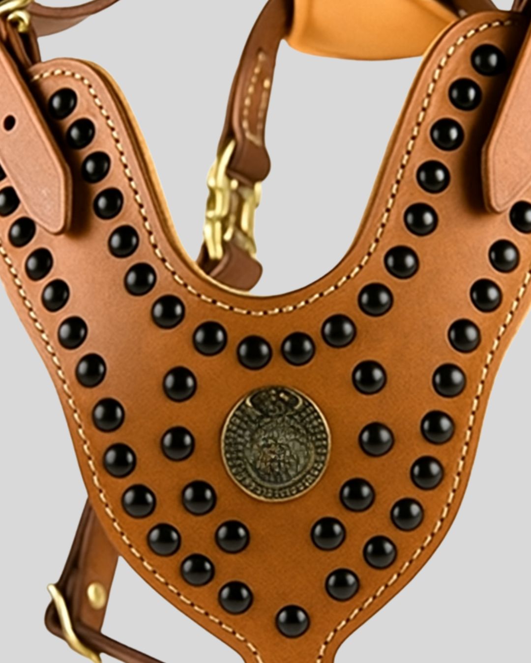 Studded brown leather dog harness with brass crest and stitched detail