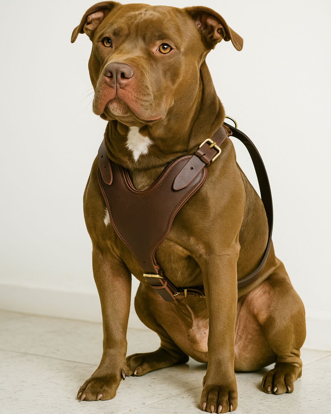 Brown full-grain leather dog harness with gold buckles – side studio view