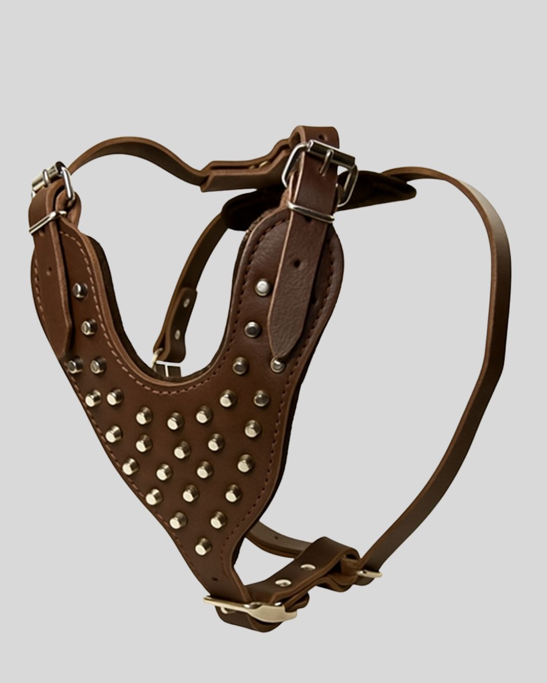 Full view of Bronze Guard™ heavy-duty brown leather dog harness with metal studs