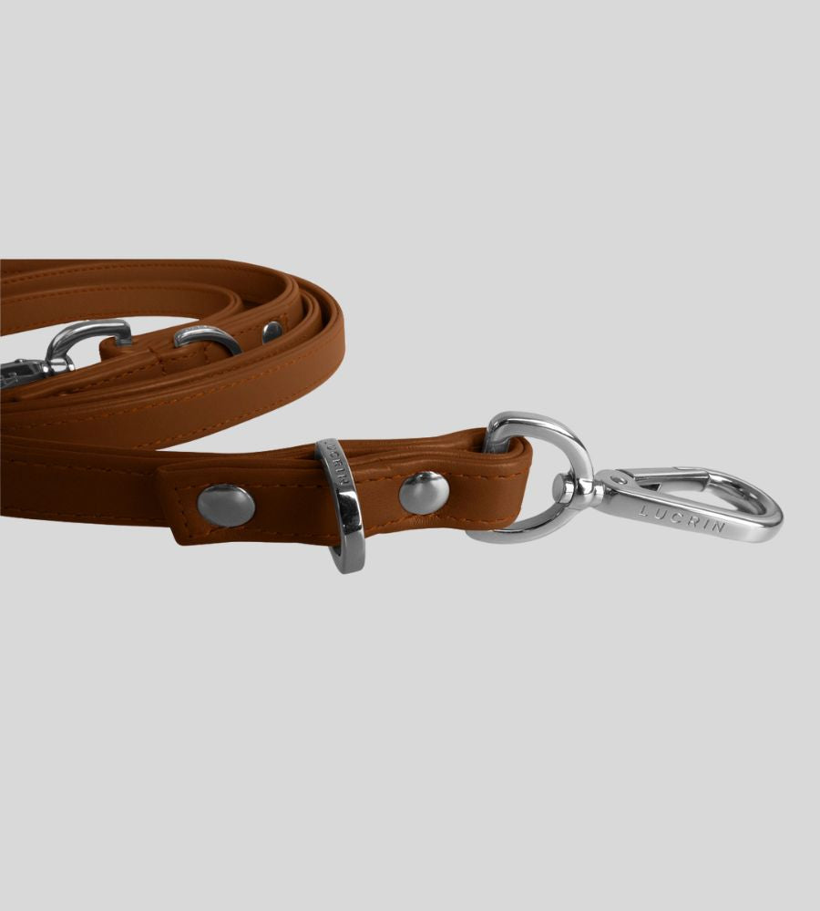 Close-up clasp detail on premium tan leather dog leash
