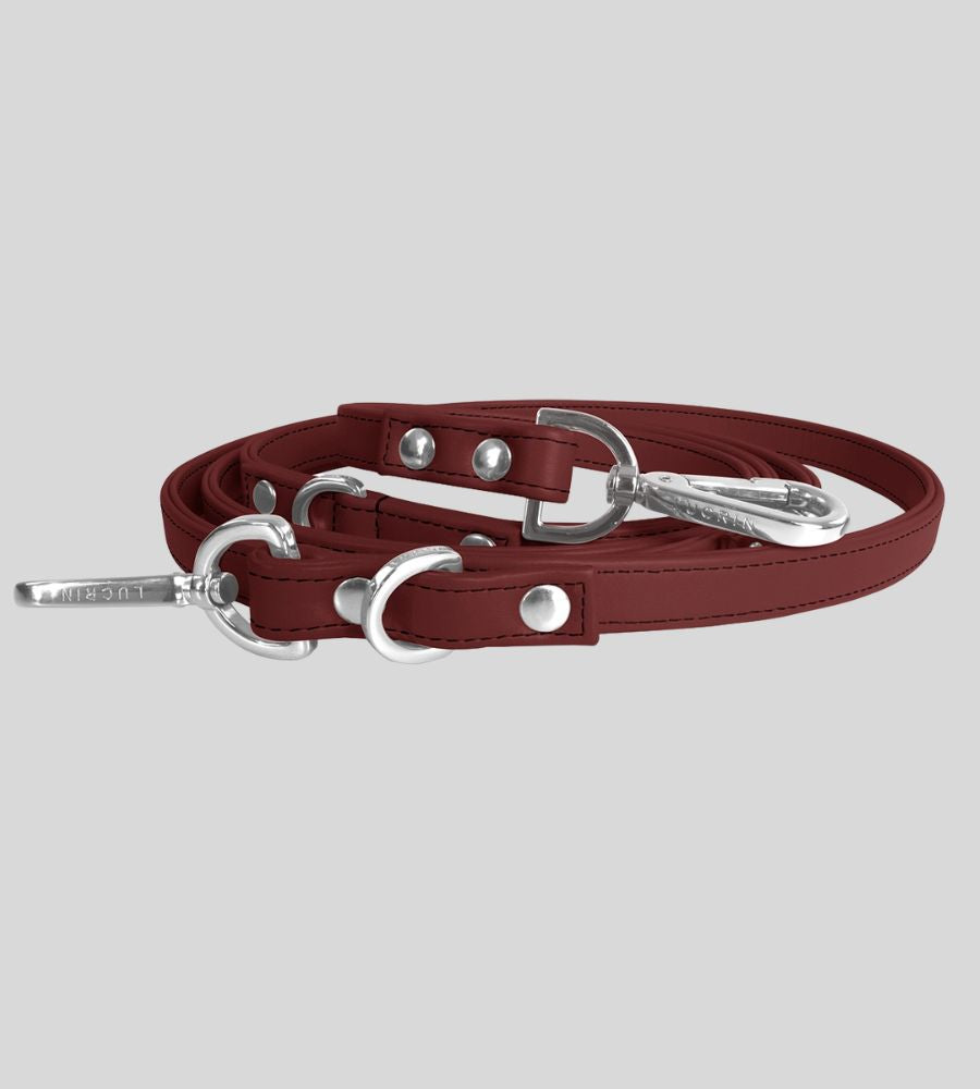 Coiled burgundy leather dog leash with rivets