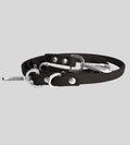 Coiled dark brown leather leash with silver hardware
