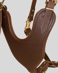 Close-up detail of chest plate and brass hardware on brown leather harness

