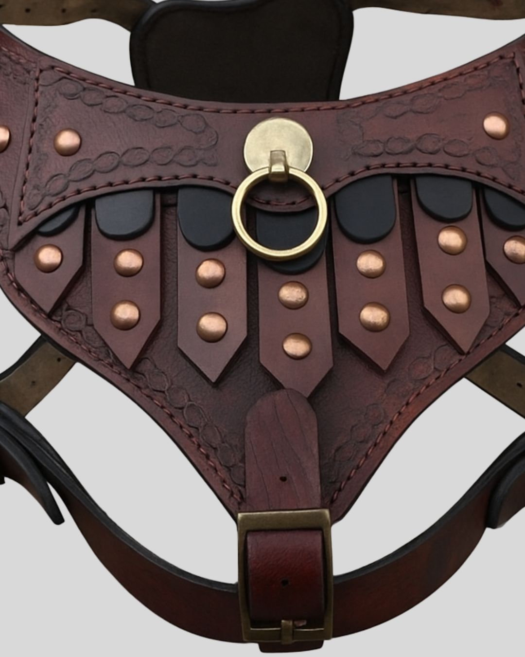 Close-up of copper studded leather gladiator dog harness with antique brass D-ring and layered armor panel

