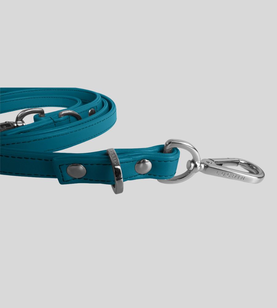 Close-up clasp detail on premium turquoise leather dog leash

