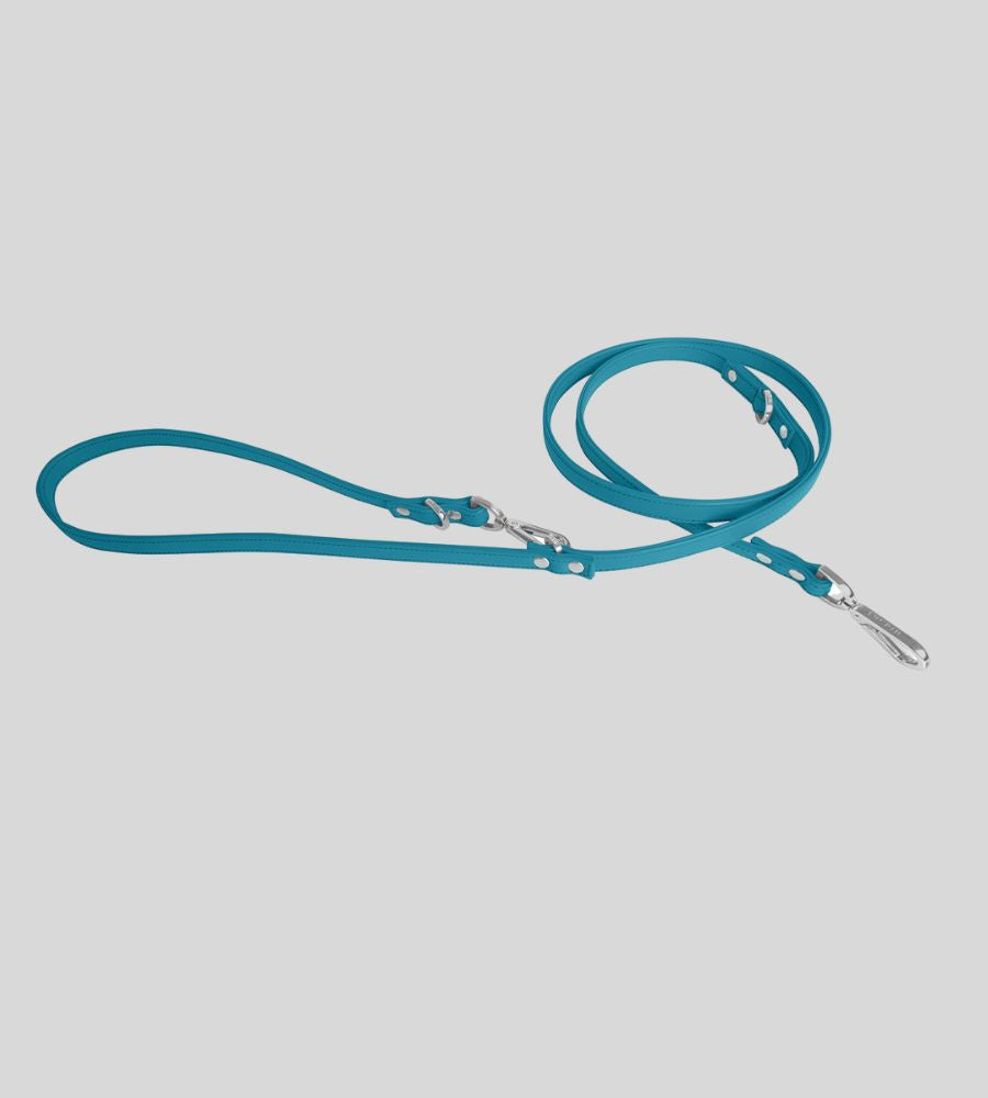 Coiled turquoise leather dog leash with rivets