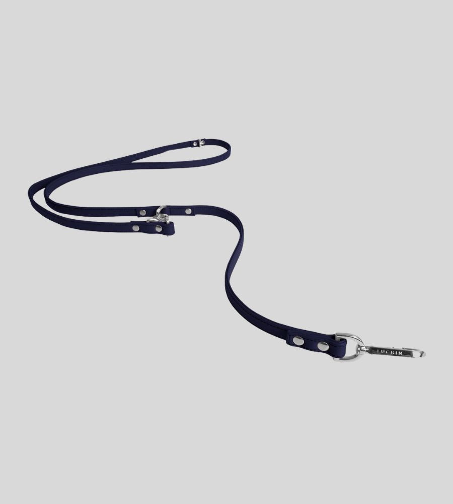 Extended navy leather dog leash with silver clasp and training ring