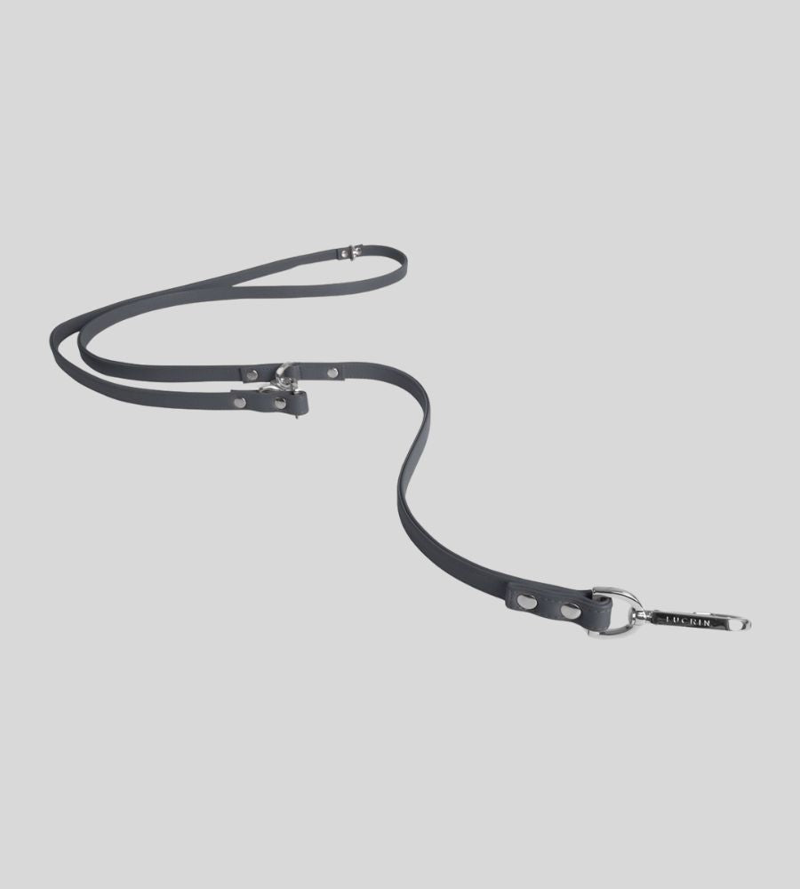 Extended grey leather dog leash with silver clasp