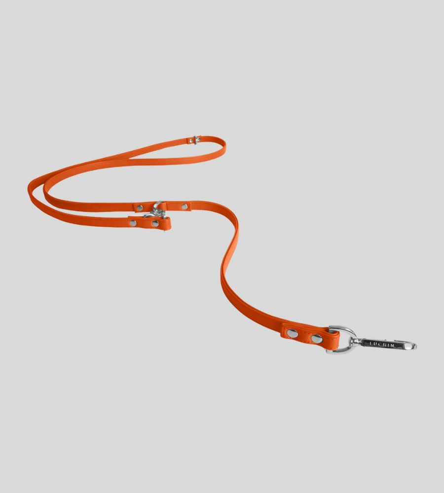 Extended orange leather dog leash with silver clasp