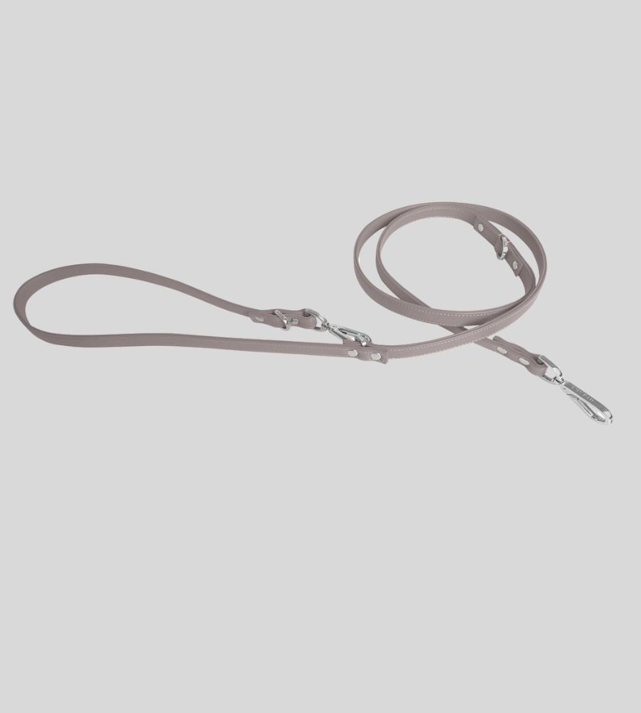Coiled taupe leather leash with silver hardware