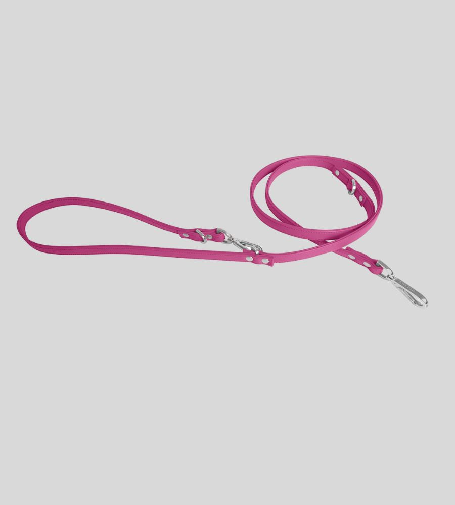 Adjustable Fuchsia Leather Dog Leash – Handmade Long Lead with Silver Hardware & Custom Engraving