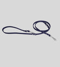 Full view navy blue leather dog leash with handle loop