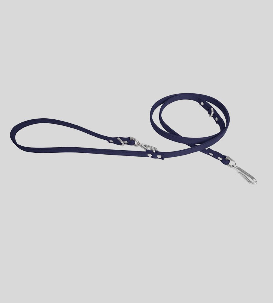 Full view navy blue leather dog leash with handle loop