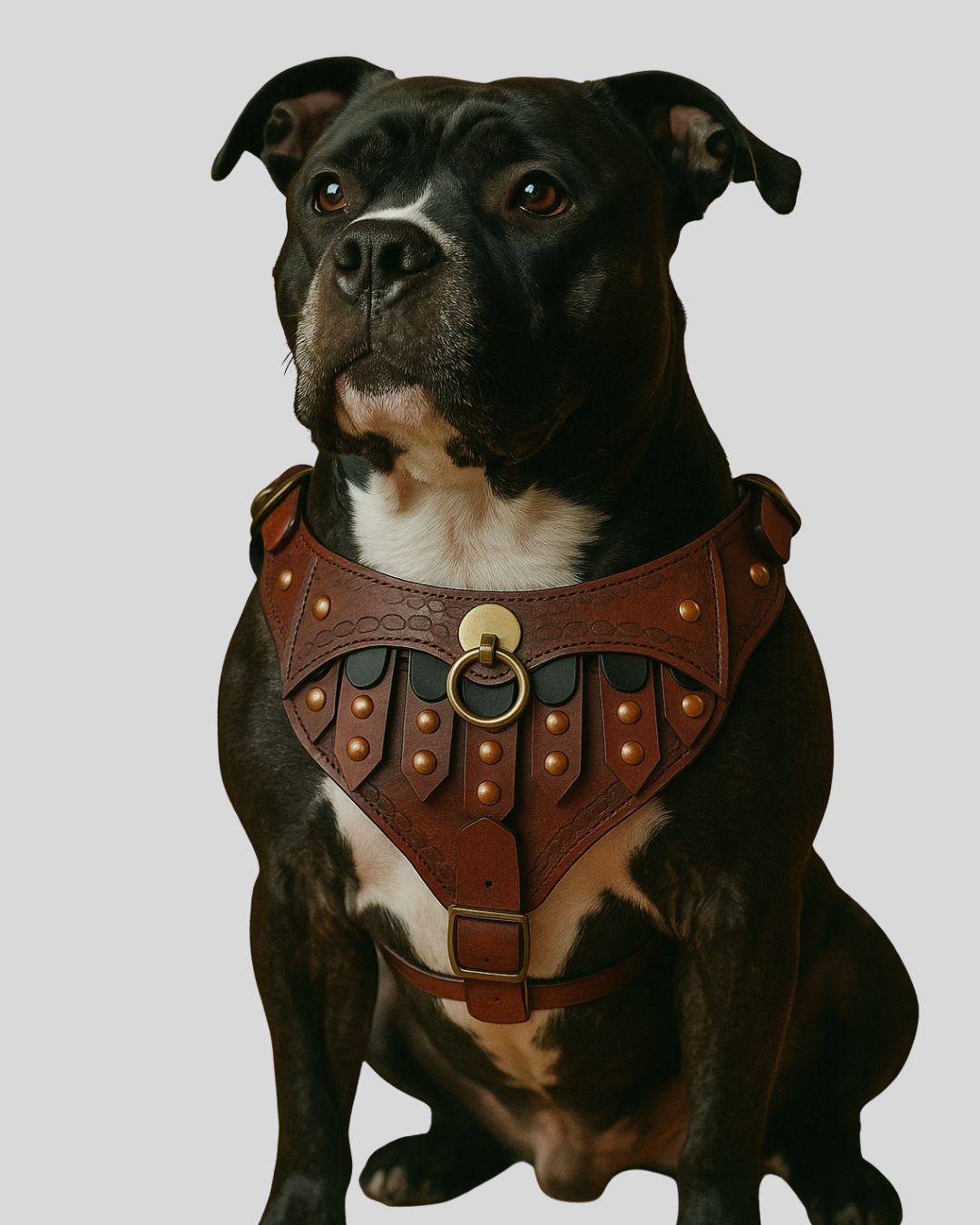Full frontal view of handcrafted leather gladiator dog harness with copper studs and medieval chest plate design

