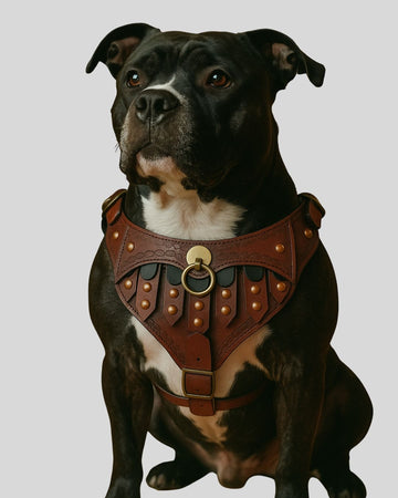 Full frontal view of handcrafted leather gladiator dog harness with copper studs and medieval chest plate design

