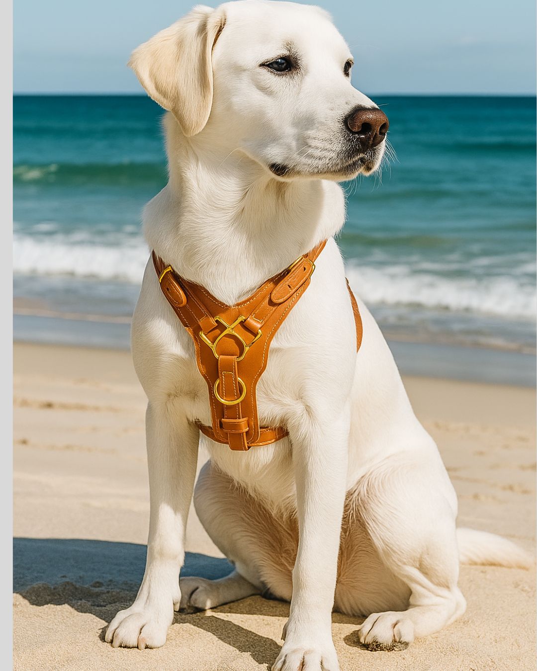 Labrador wearing tan leather dog harness with brass hardware on the beach

