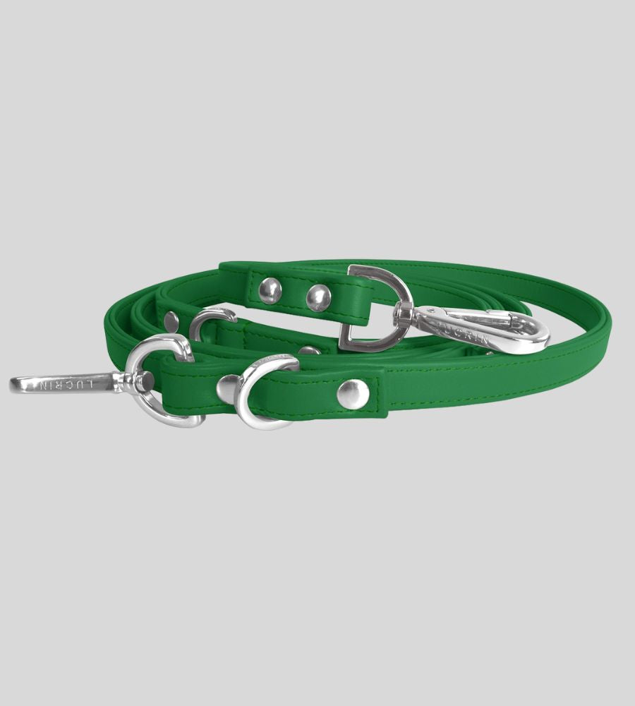 Coiled light green leather dog leash with rivets