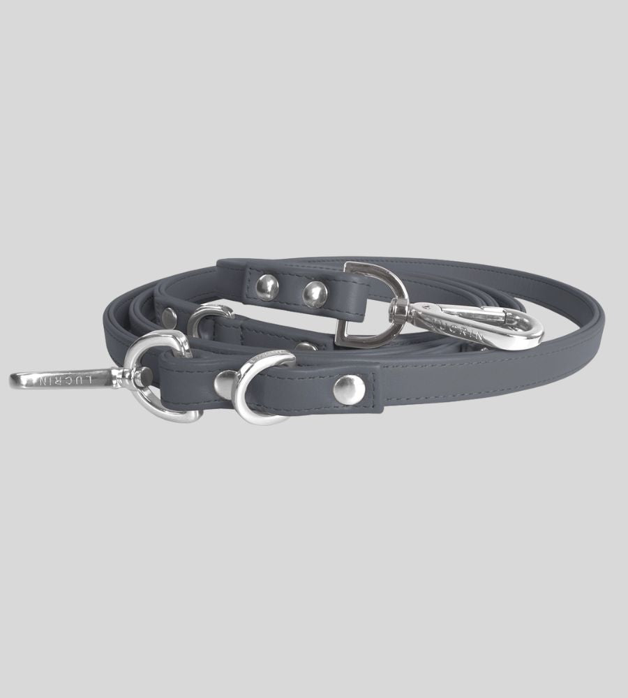 Coiled mouse grey leather leash with silver hardware