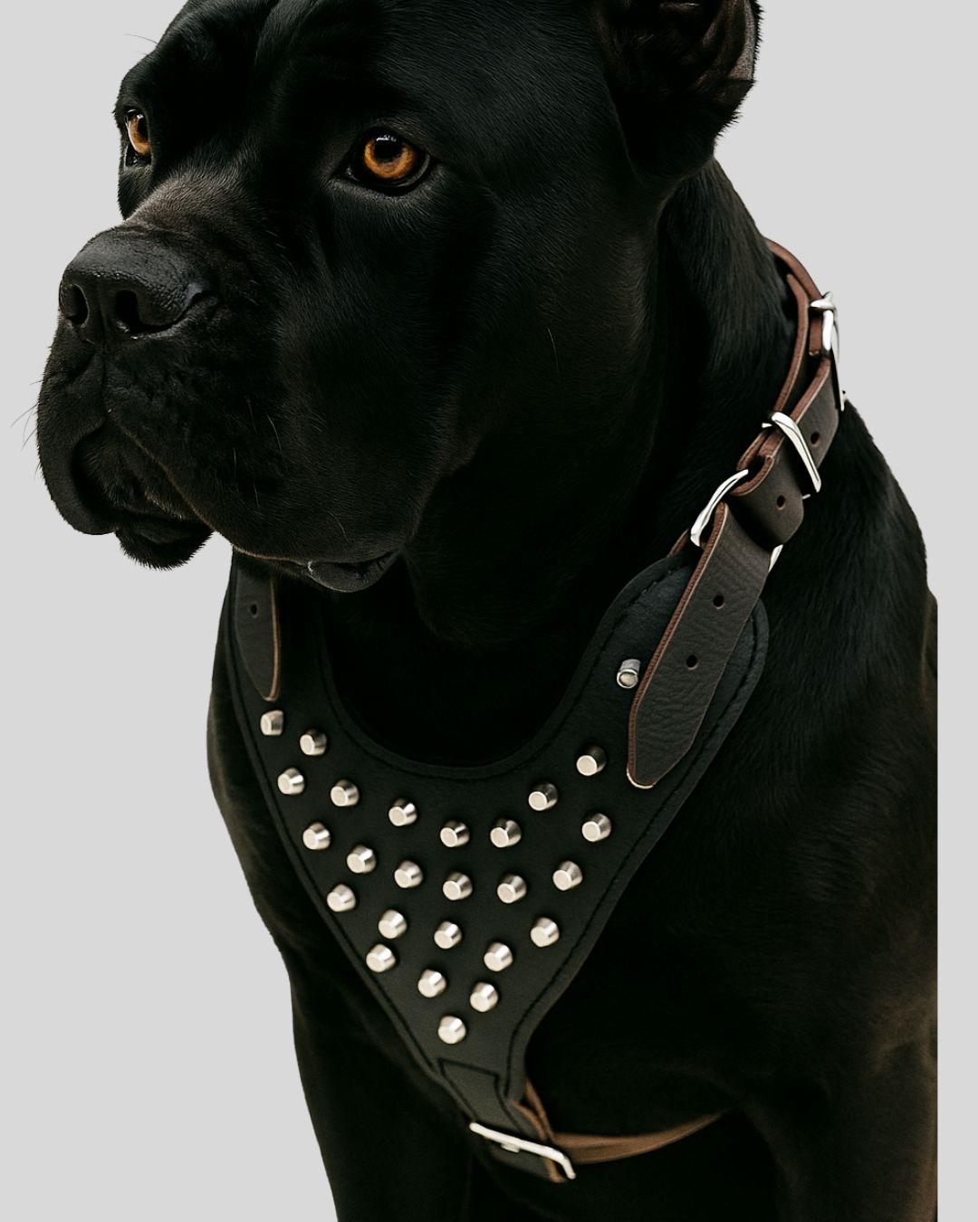 studio display of black leather dog harness with silver studs and adjustable buckles