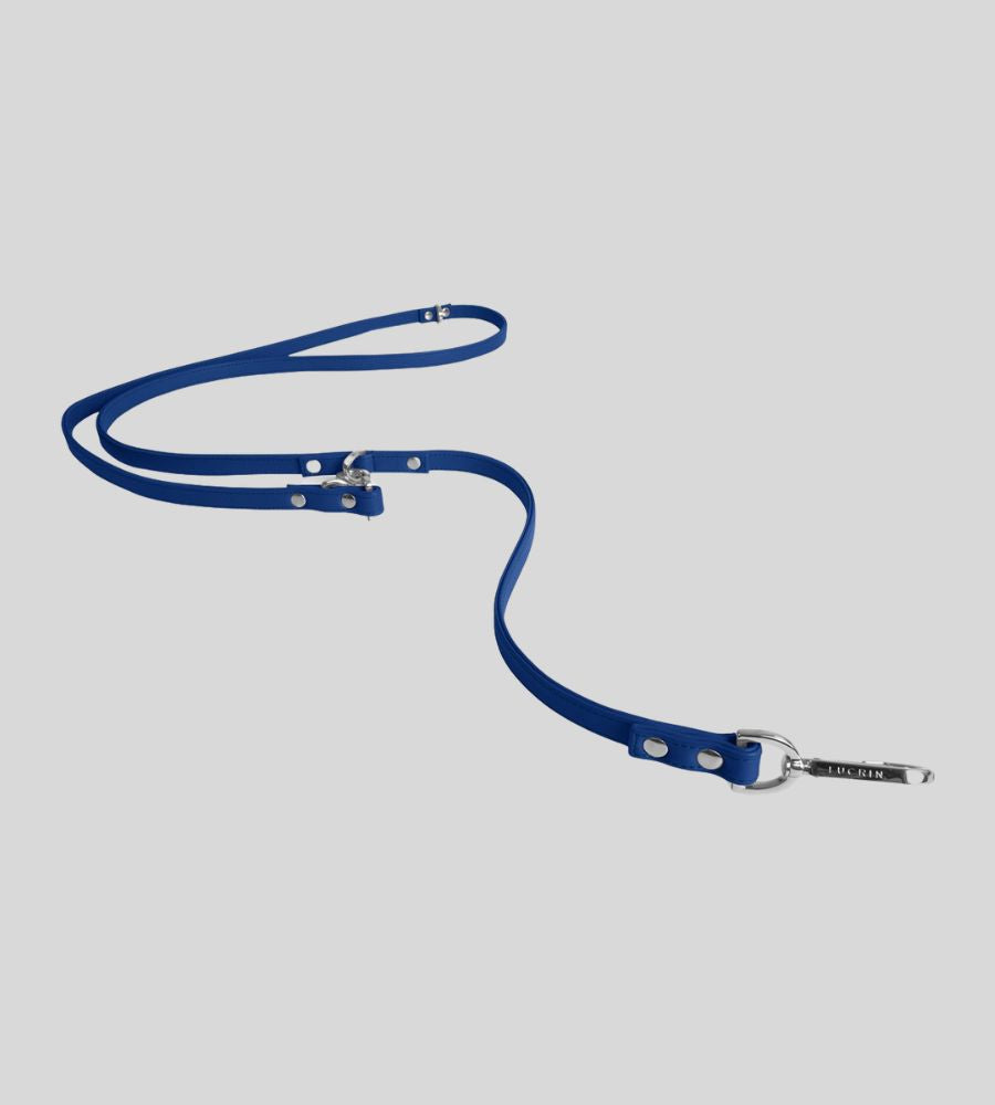 Extended royal blue leather dog leash with silver clasp