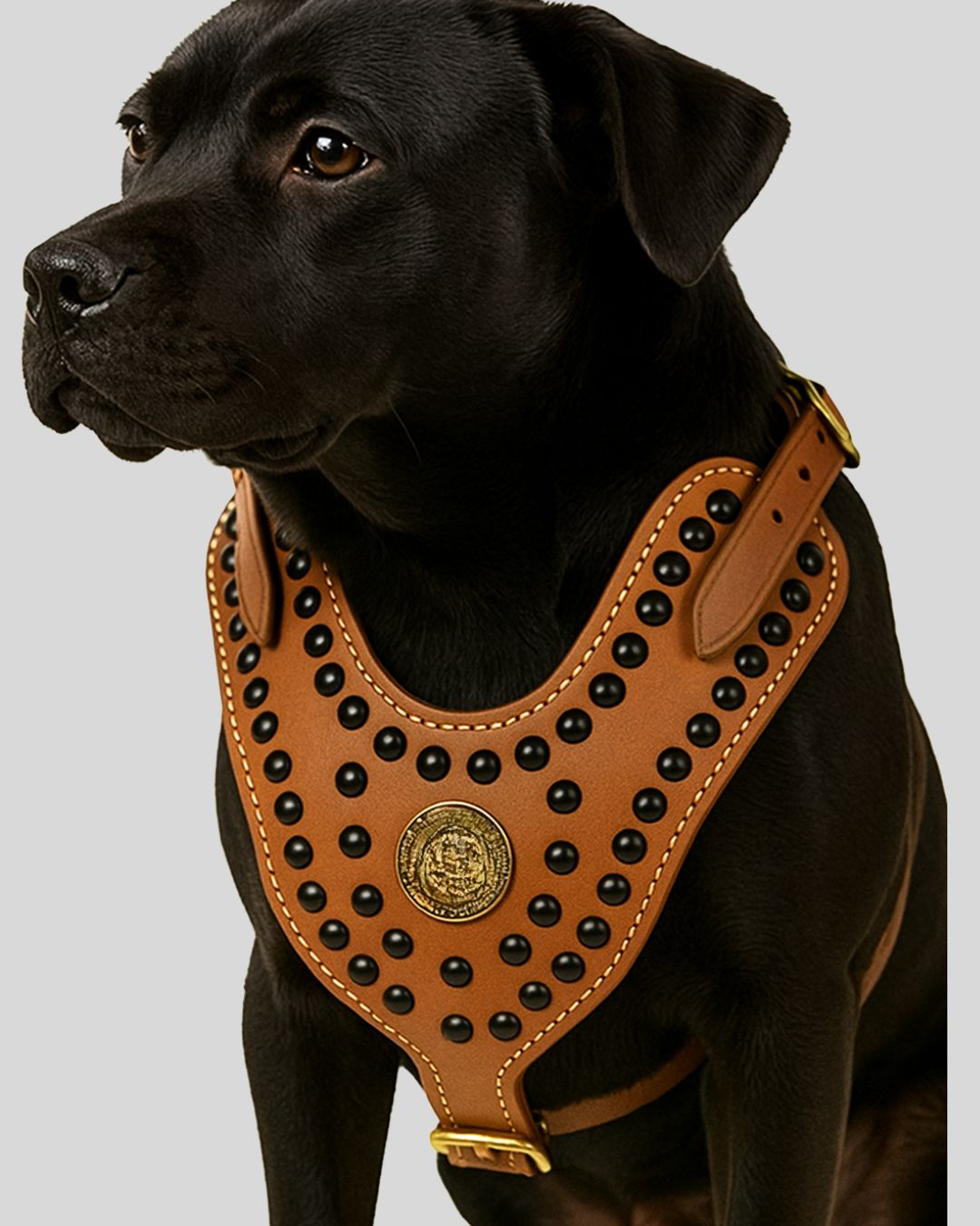 Brown leather harness with black studs and gold accents on a gray background