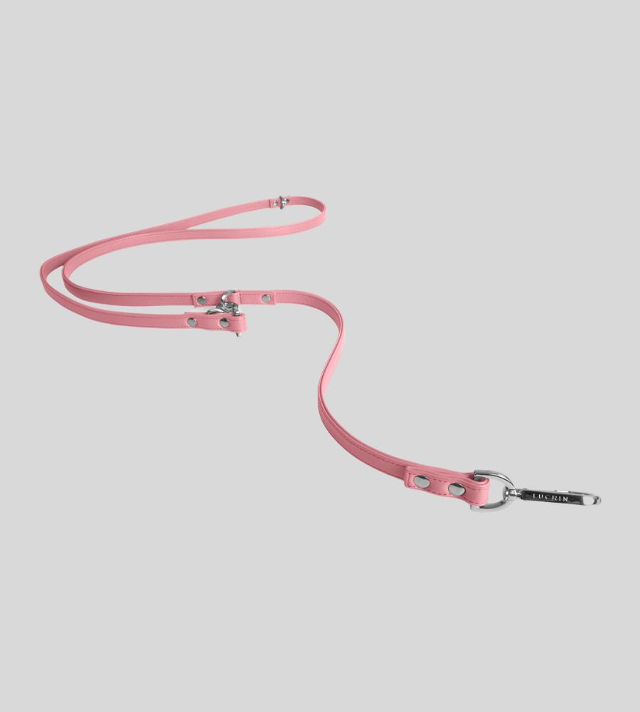 Extended pink leather dog leash with silver clasp