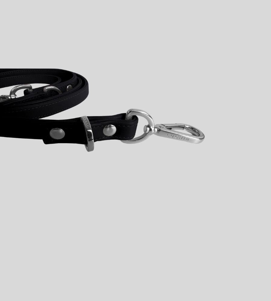 Close-up silver clasp detail on premium black leather dog leash
