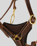 Premium brown leather harness with brass buckle and stitched padding