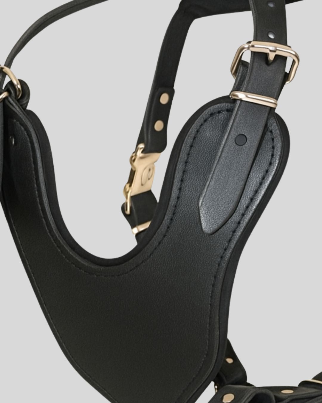 Close-up side angle showing adjustable strap and brass buckle details

