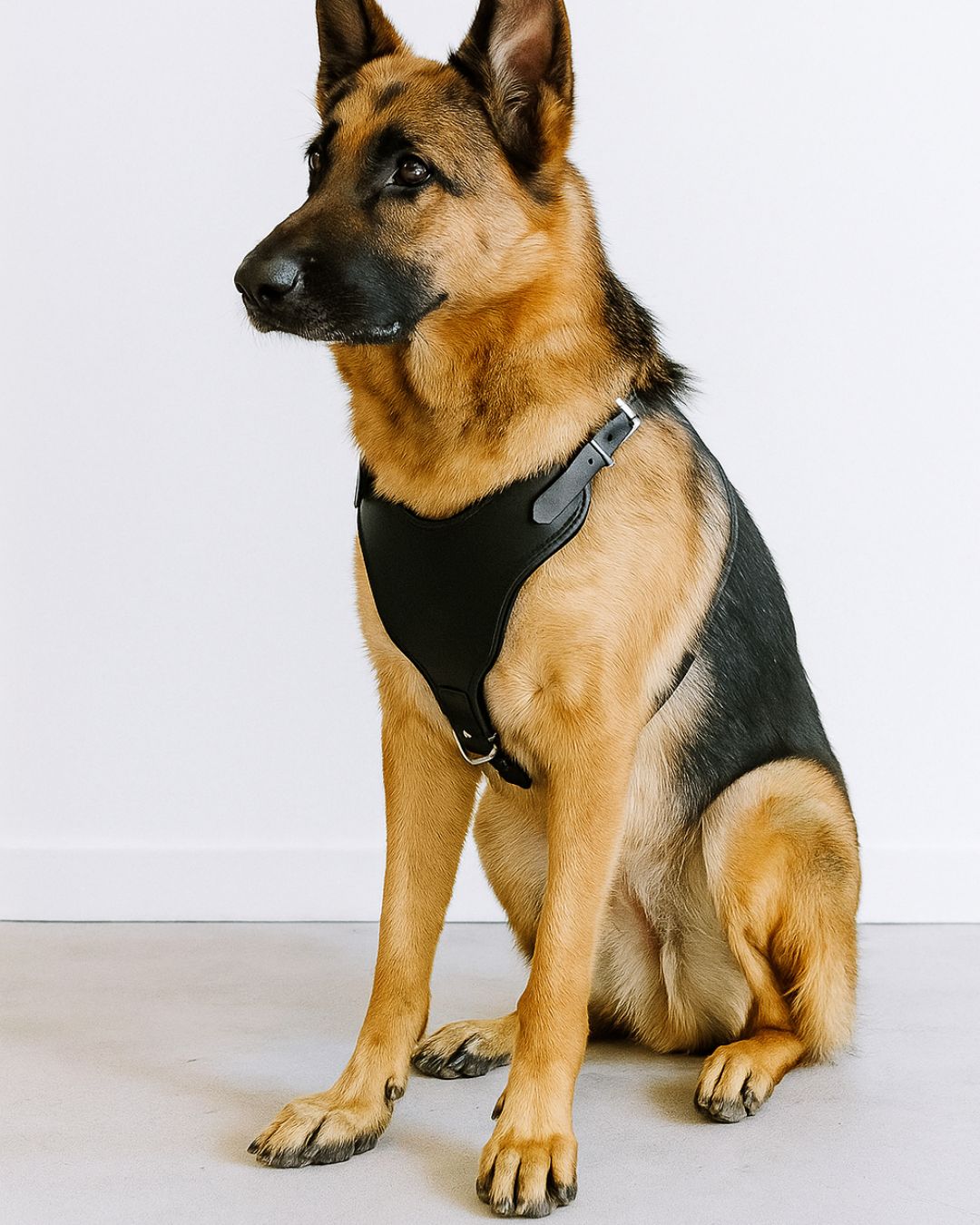 Sleek black leather dog harness full view with brass buckle hardware

