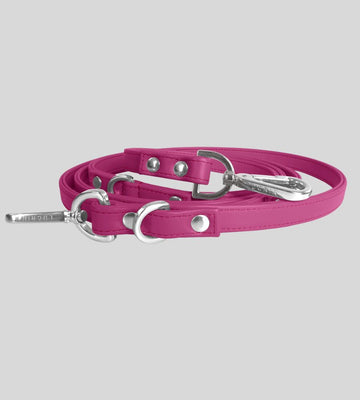 Adjustable Fuchsia Leather Dog Leash – Handmade Long Lead with Silver Hardware & Custom Engraving