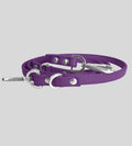 Coiled white leather dog leash with silver hardware