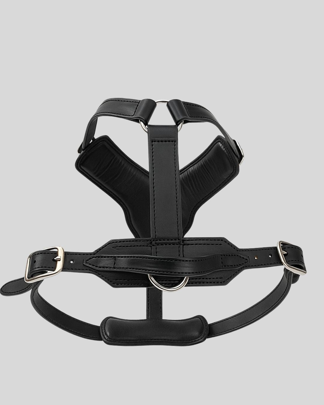 Black leather harness on a gray background